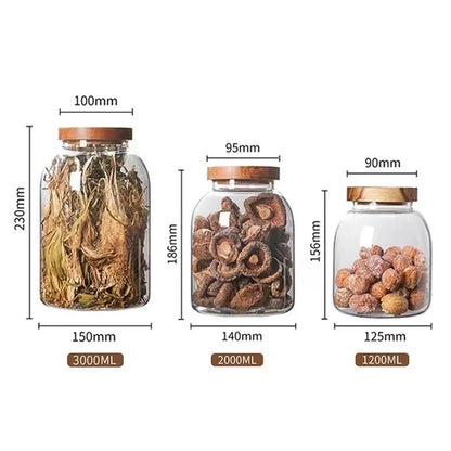 Large Capacity Glass Sealed Jar Lid Sealed Storage Wood Cover Storage Jar Organizer Kitchen Containers