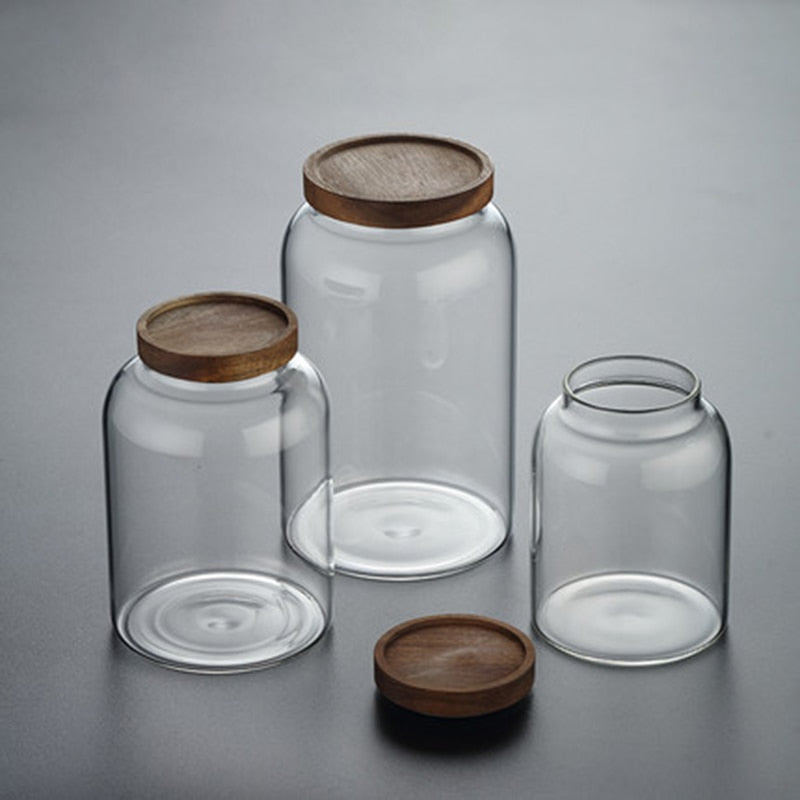 Large Capacity Glass Sealed Jar Lid Sealed Storage Wood Cover Storage Jar Organizer Kitchen Containers