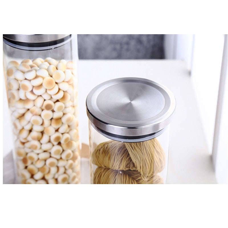 Container for Cereals Glass Jars with Stainless Steel Cover Glass Spice Jars Storage Tank Food Contain Coffee Bean Jars