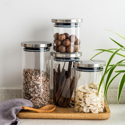 Container for Cereals Glass Jars with Stainless Steel Cover Glass Spice Jars Storage Tank Food Contain Coffee Bean Jars