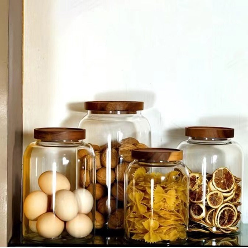 Large Capacity Glass Sealed Jar Lid Sealed Storage Wood Cover Storage Jar Organizer Kitchen Containers