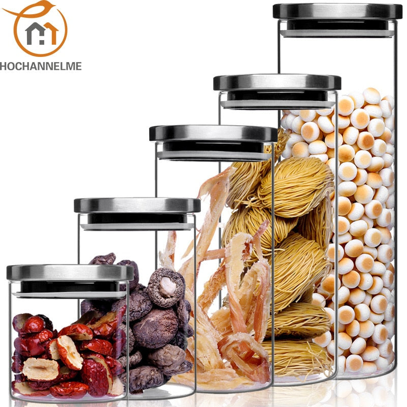 Container for Cereals Glass Jars with Stainless Steel Cover Glass Spice Jars Storage Tank Food Contain Coffee Bean Jars