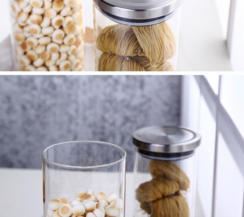 Container for Cereals Glass Jars with Stainless Steel Cover Glass Spice Jars Storage Tank Food Contain Coffee Bean Jars