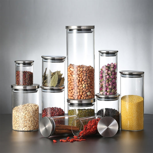 Container for Cereals Glass Jars with Stainless Steel Cover Glass Spice Jars Storage Tank Food Contain Coffee Bean Jars